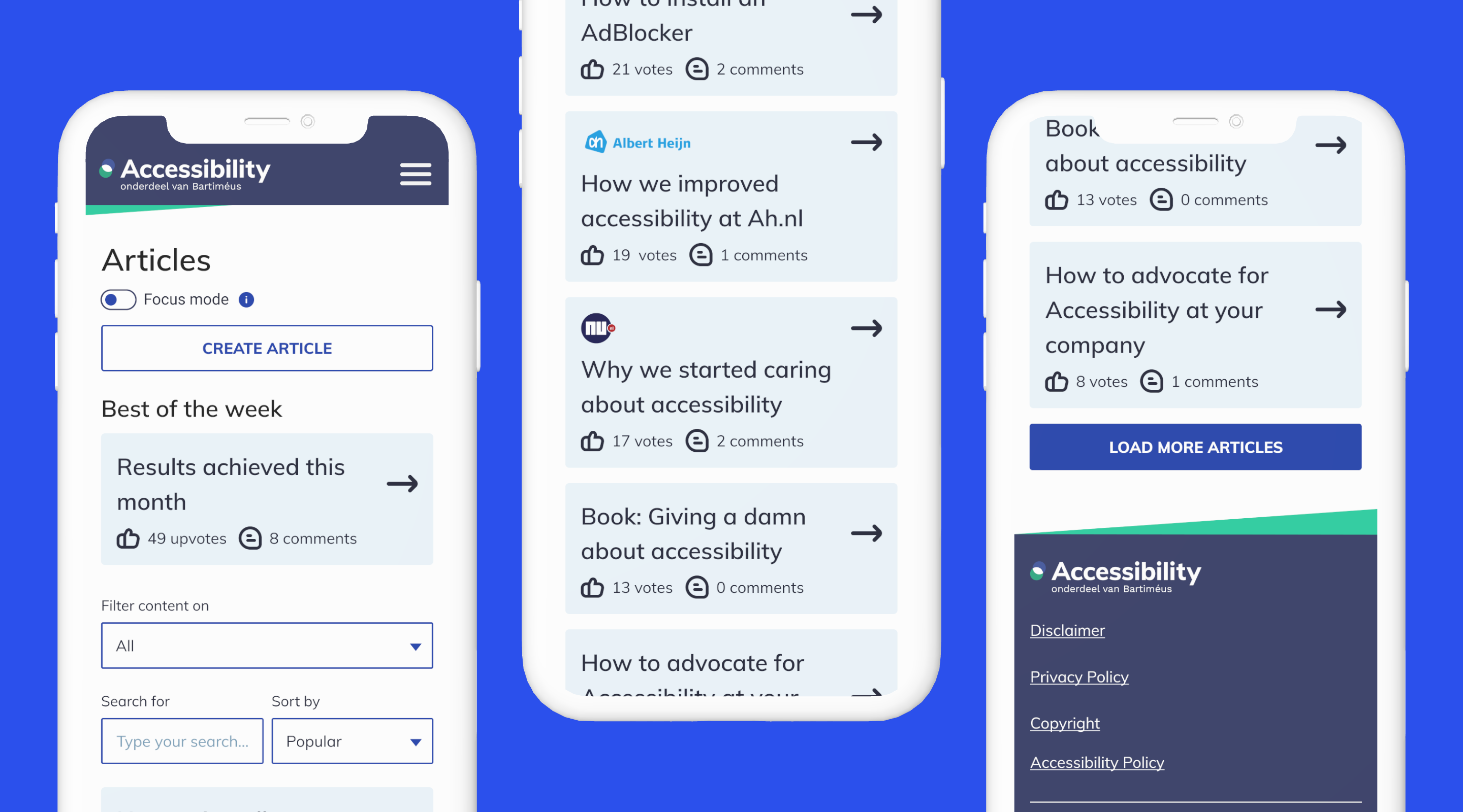 Mobile mockups of the social forum, showing the articles page where the user can read articles about accessibility