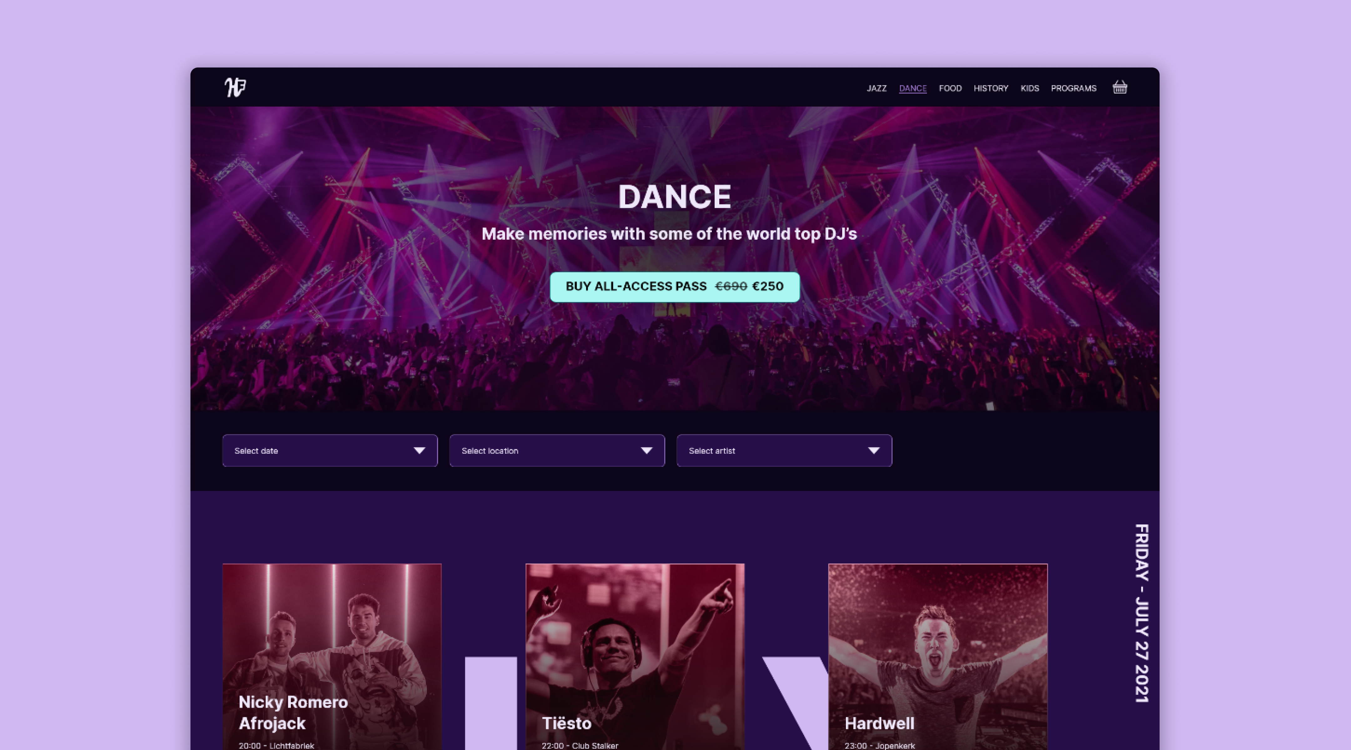Homepage of haarlem festival dance page, shows the header Dance with the subtitle Make memories with some of the world top DJ's.