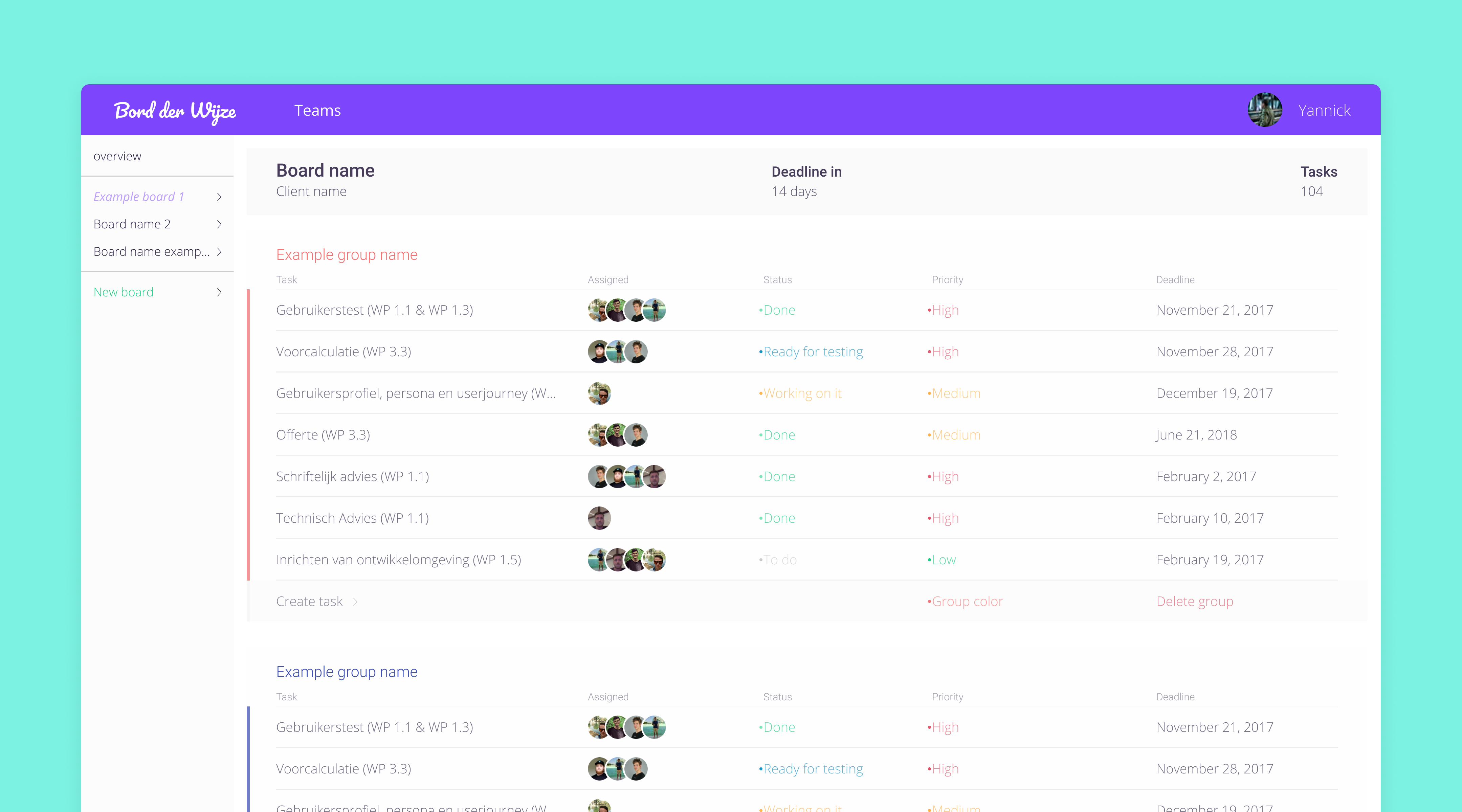 Project management system bord der wijze, Overview showing two groups that contain multiple tasks.