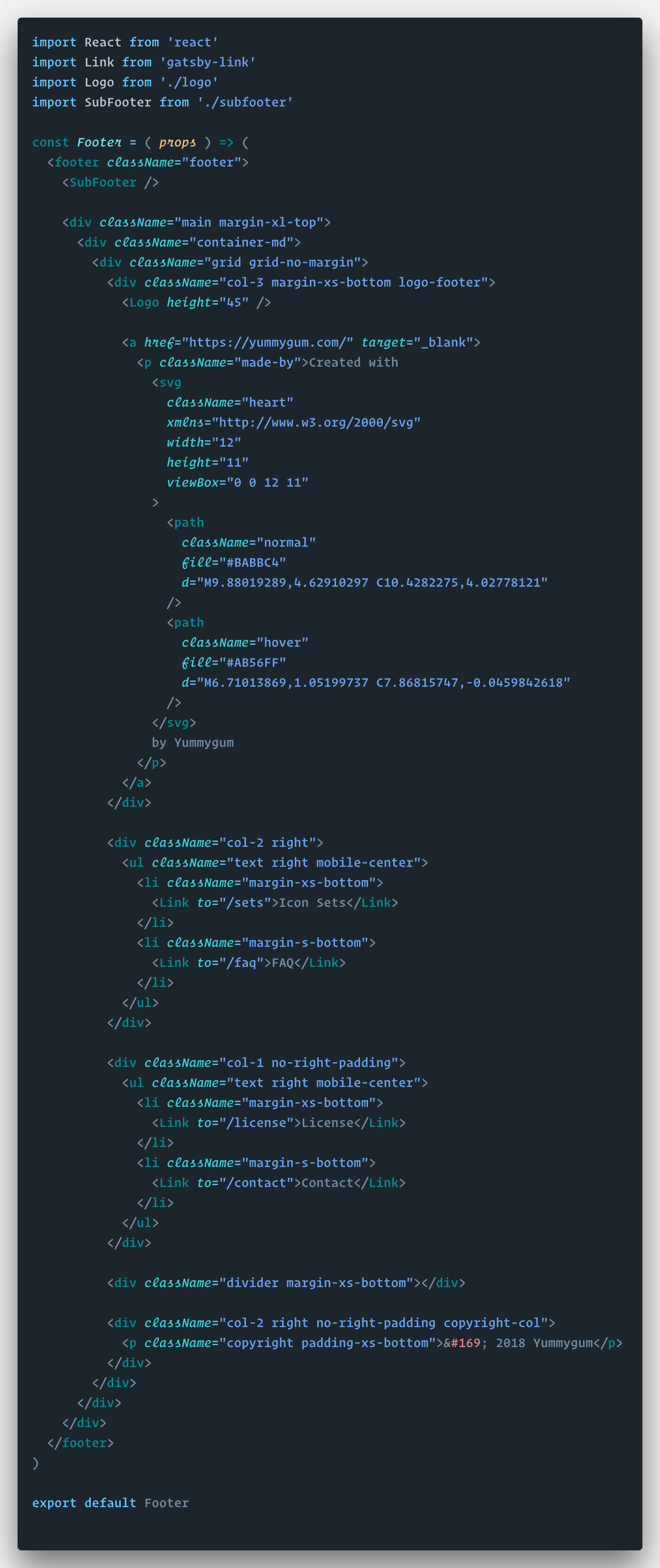 Code of the footer component