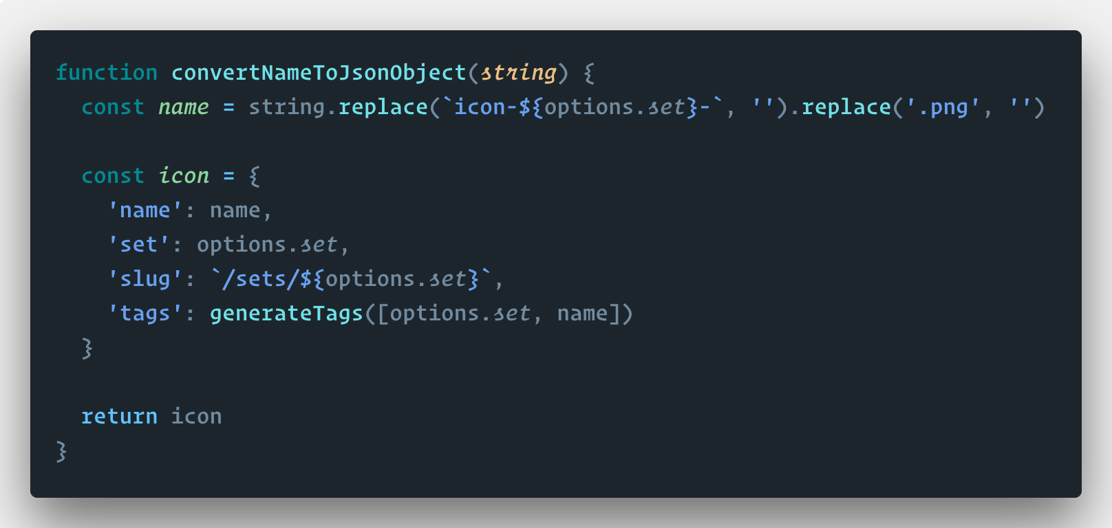 De code van de convertNameToJsonObject functie.