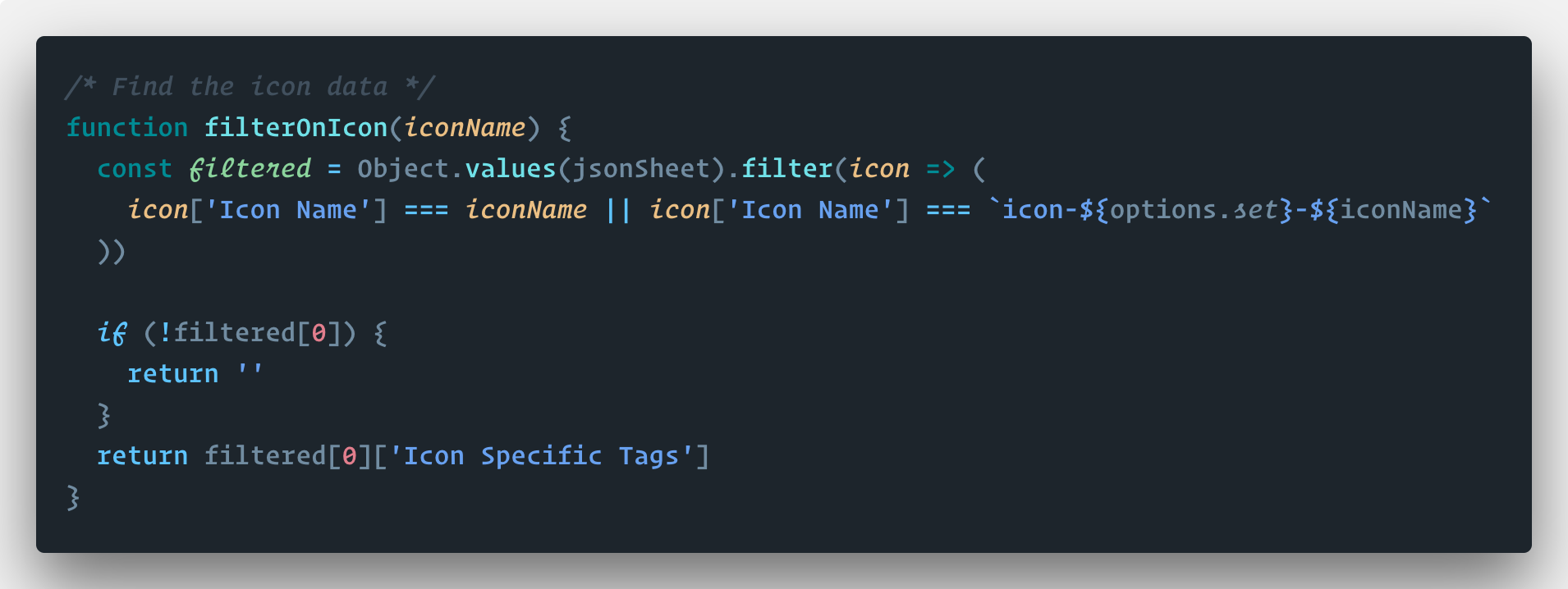 De code voor het filteren van de icons.