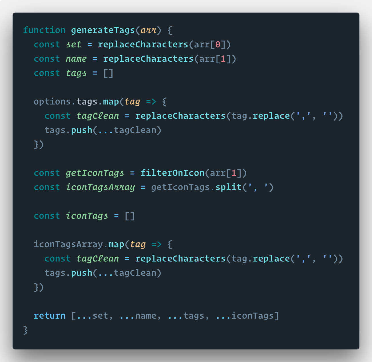 De code voor de complete generateTags functie.