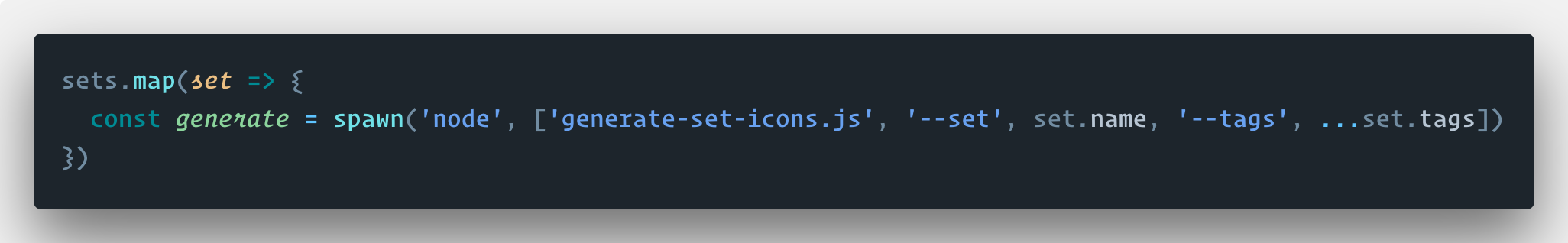 De code voor het uitvoeren van het script voor elke icon set.