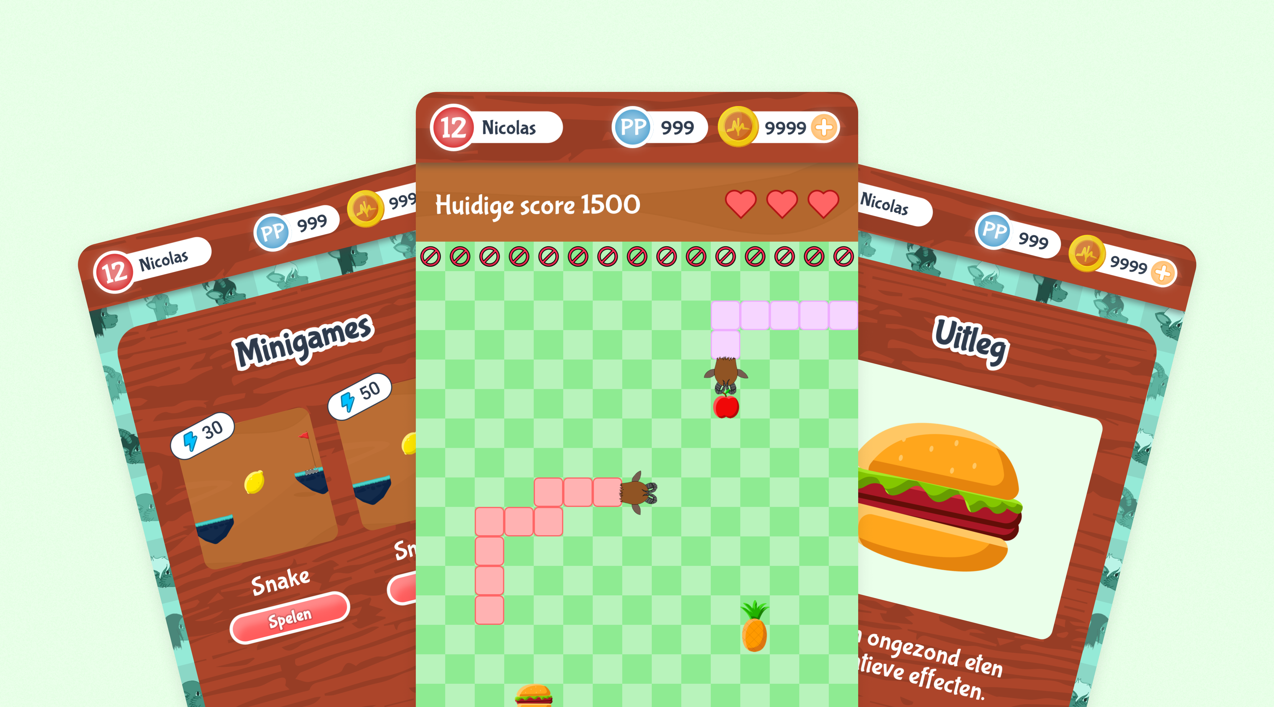 Shows the snake minigame with two players playing, also displays a explanation screen explaining that eating unhealthy food will give you negative points.