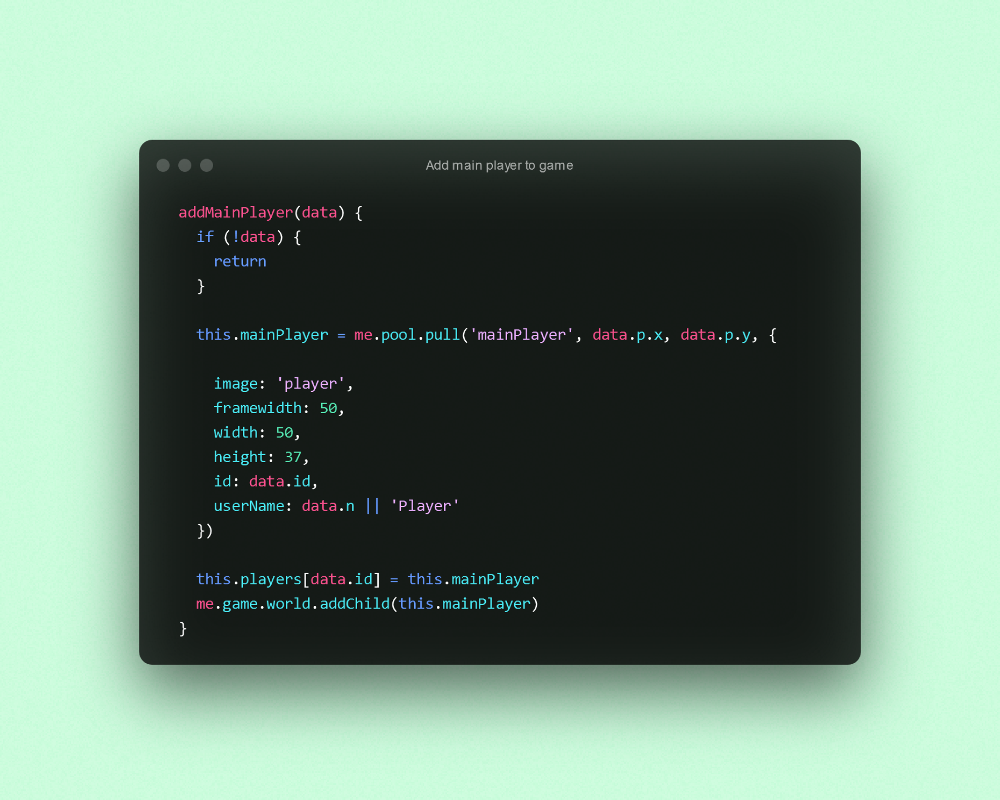 Code that adds the main player to the game