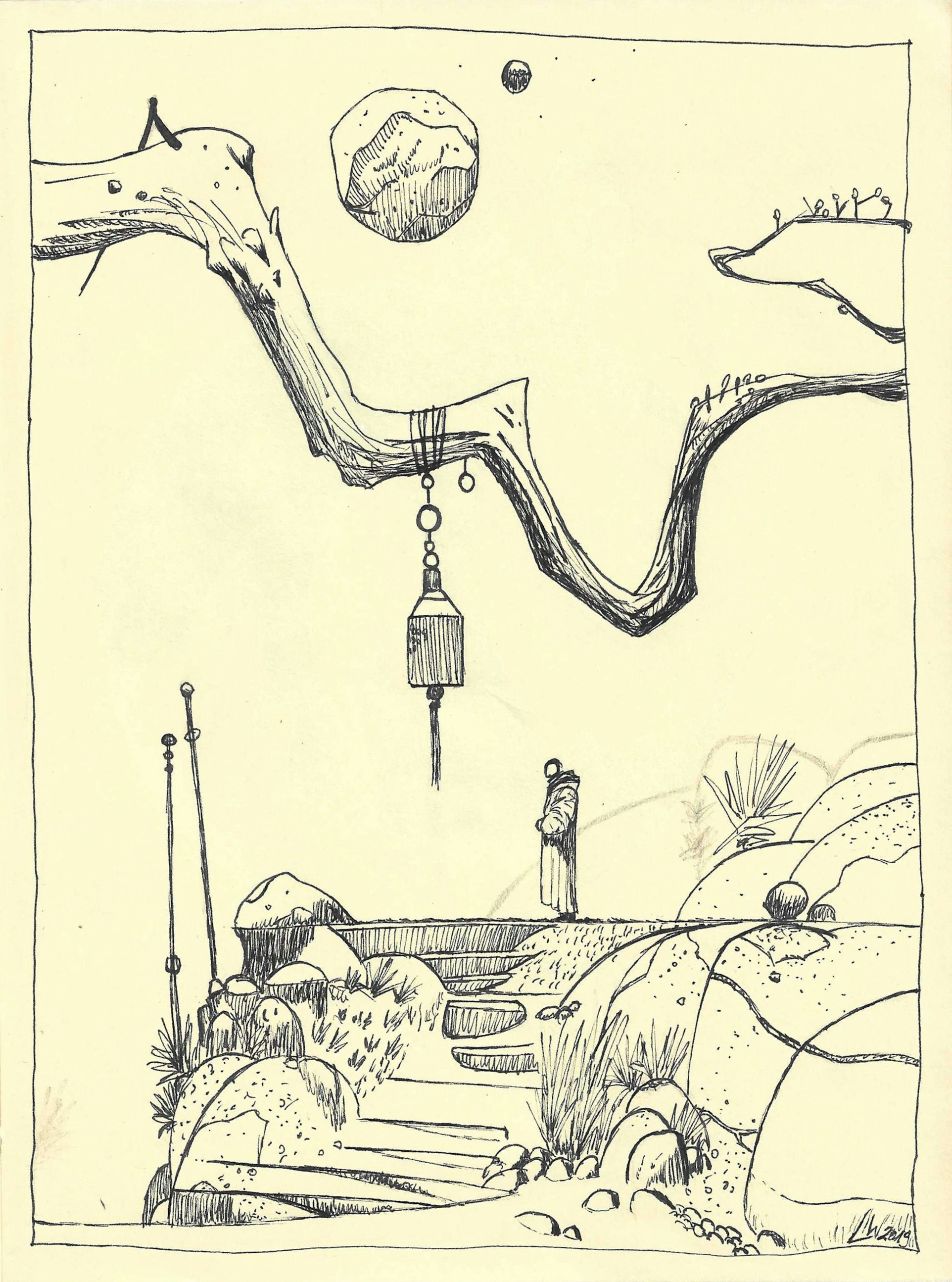 drawing of a landscape and a munk