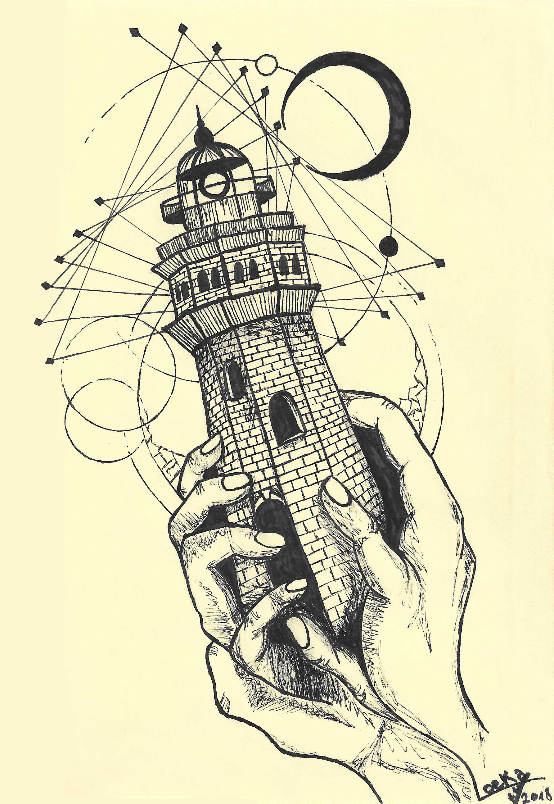 drawing of hands holding a tower