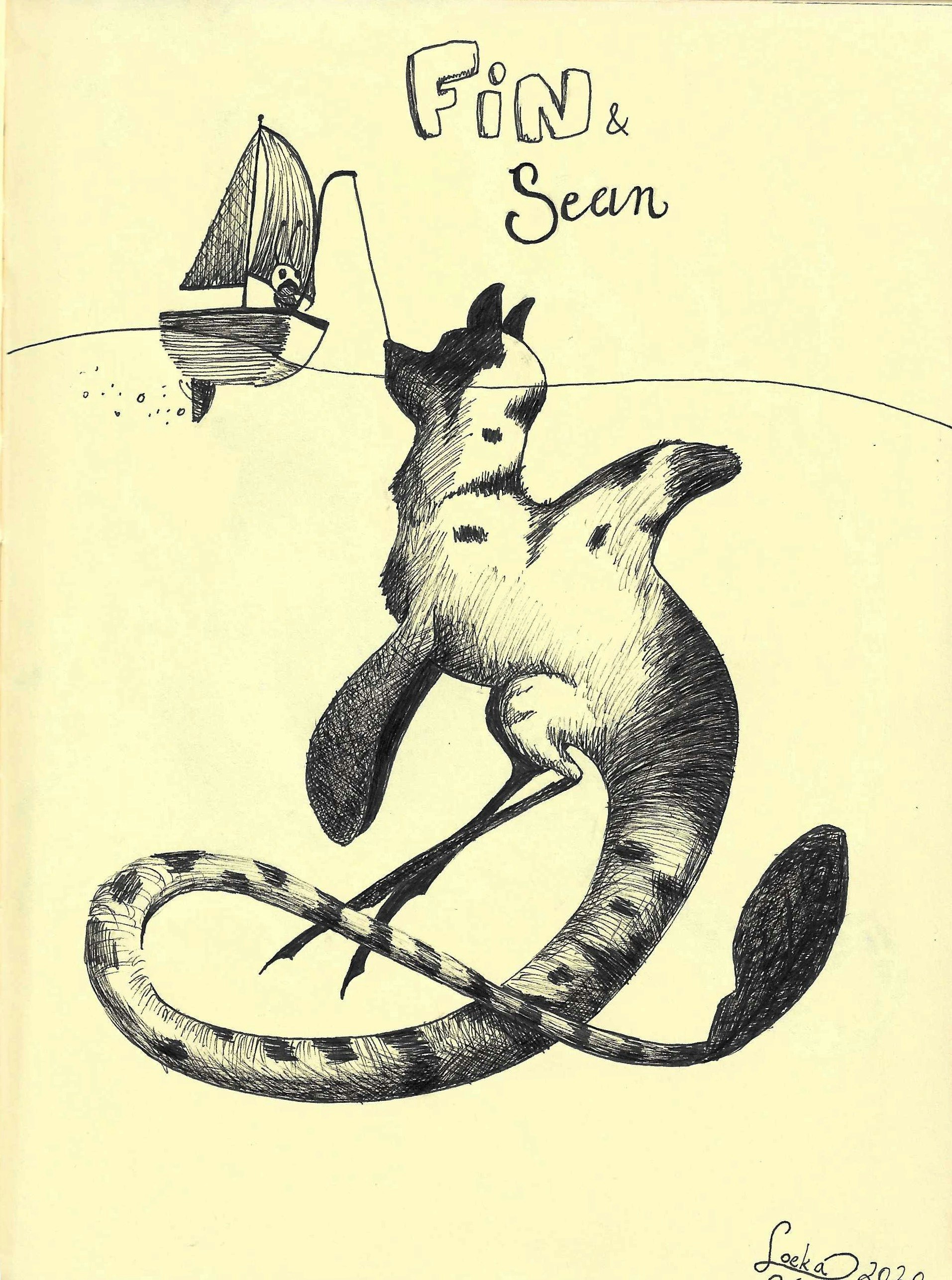 drawing of a fisher and a sea creature