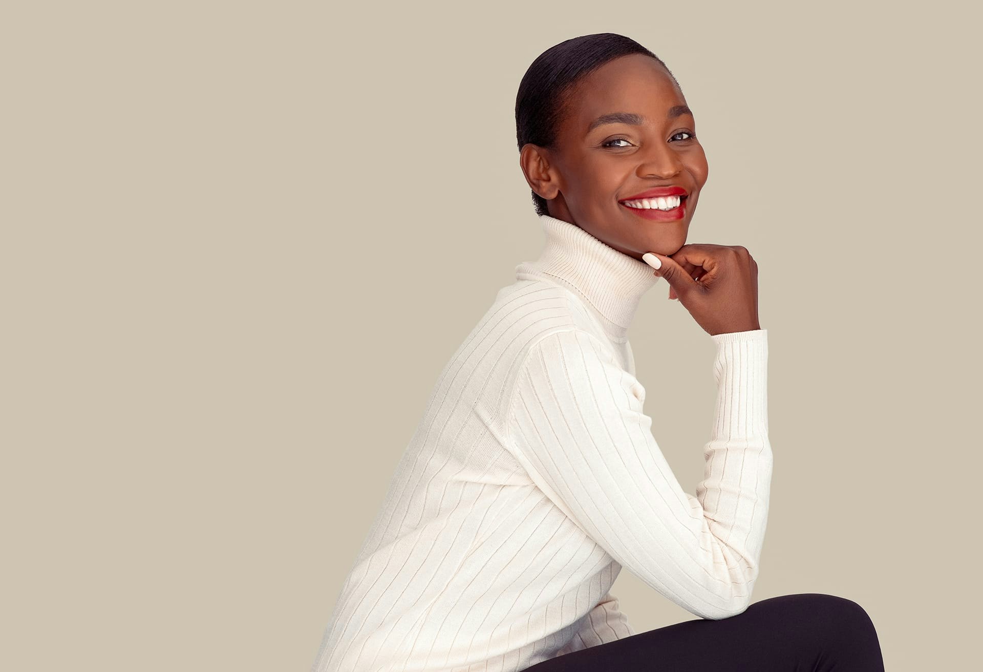 Woman Wearing a White Turtleneck