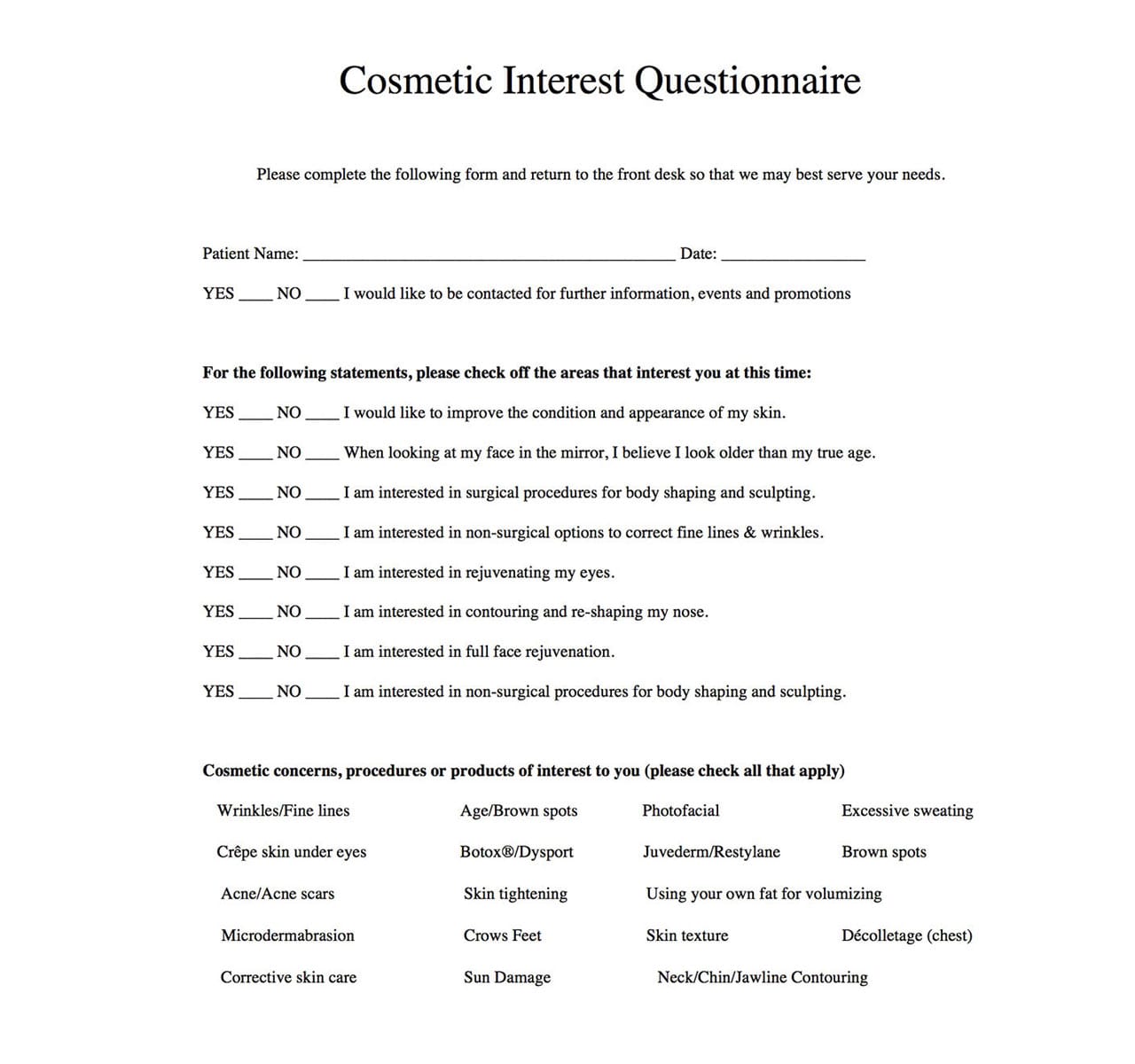 Cosmetic Interest Questionaire