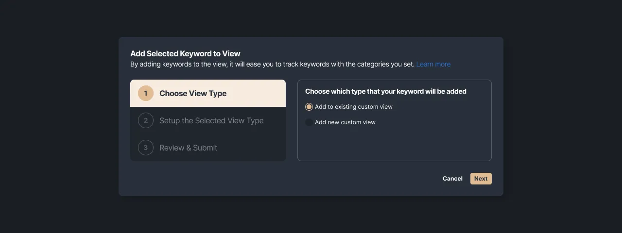 Figure 4: Pop-up menu adding keywords to View