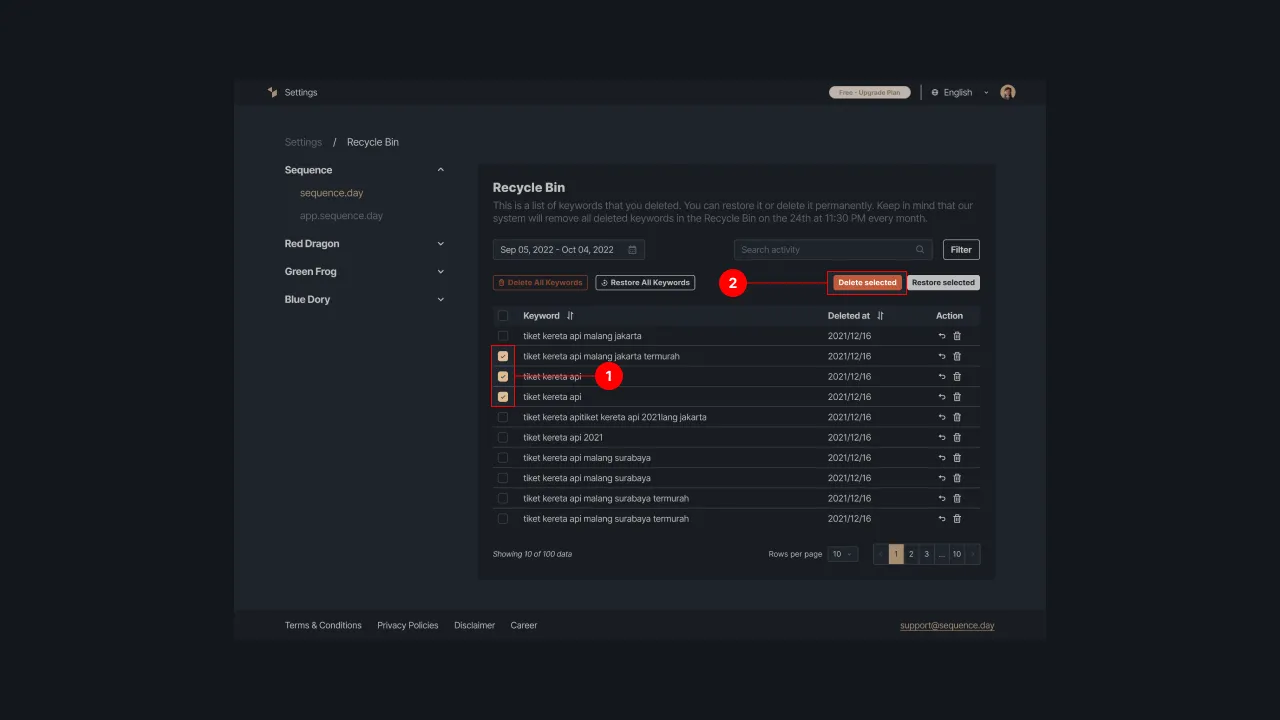 Figure 6 - Selecting keywords to be deleted permanently