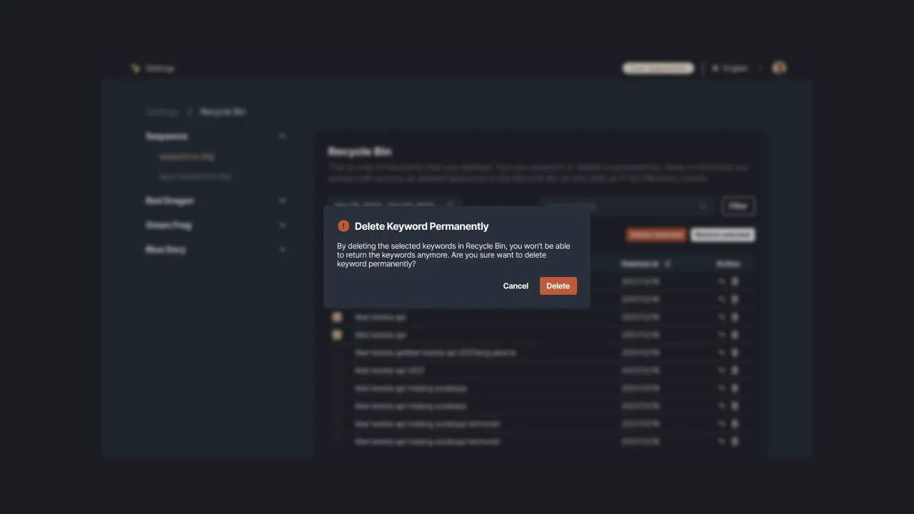 Figure 7 - Confirm delete keywords from recycle bin