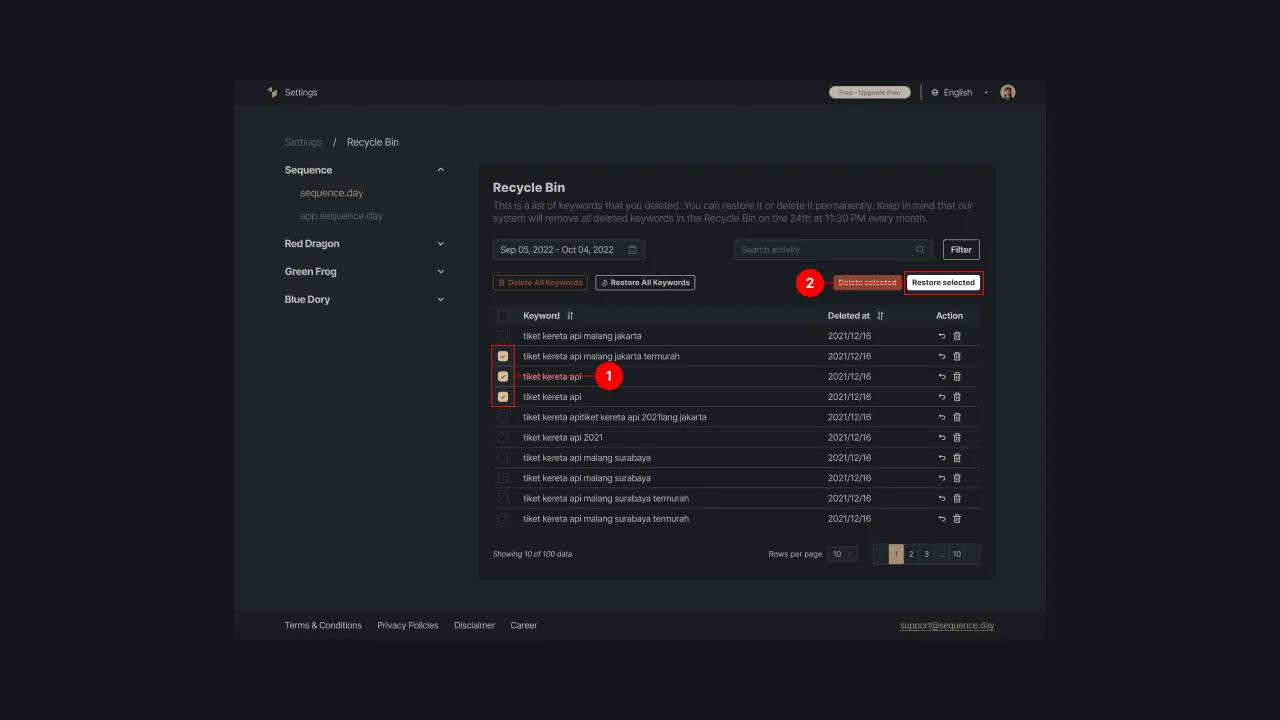 Figure 8 - Selecting keywords to restore