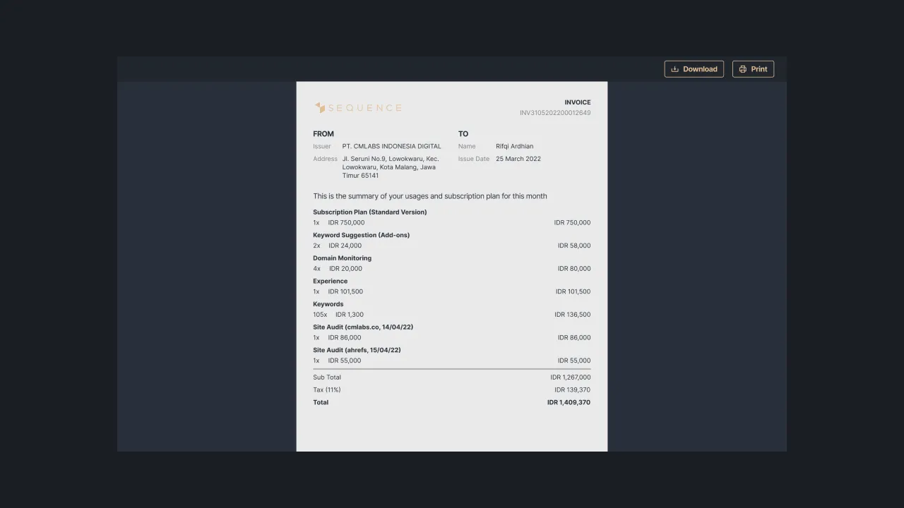 Figure 3 - The display of invoice for service usage