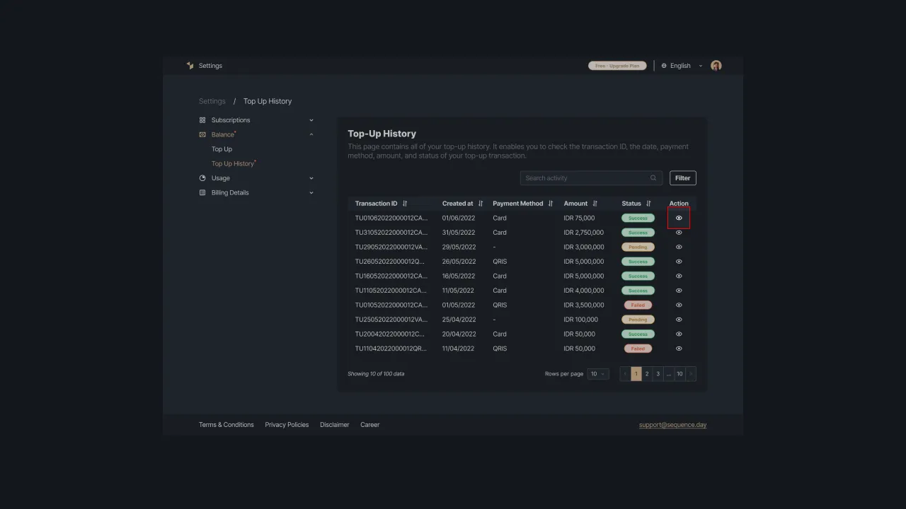 Figure 4: Option to display top-up history details