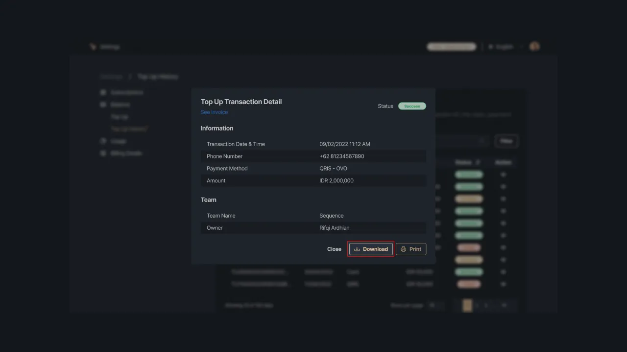 Gambar 5: Memilih aksi download detail top-up