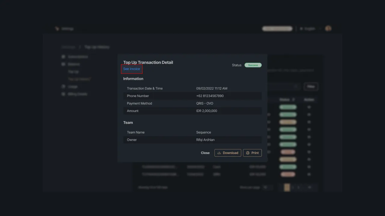 Figure 7: Selecting the view top-up invoice action