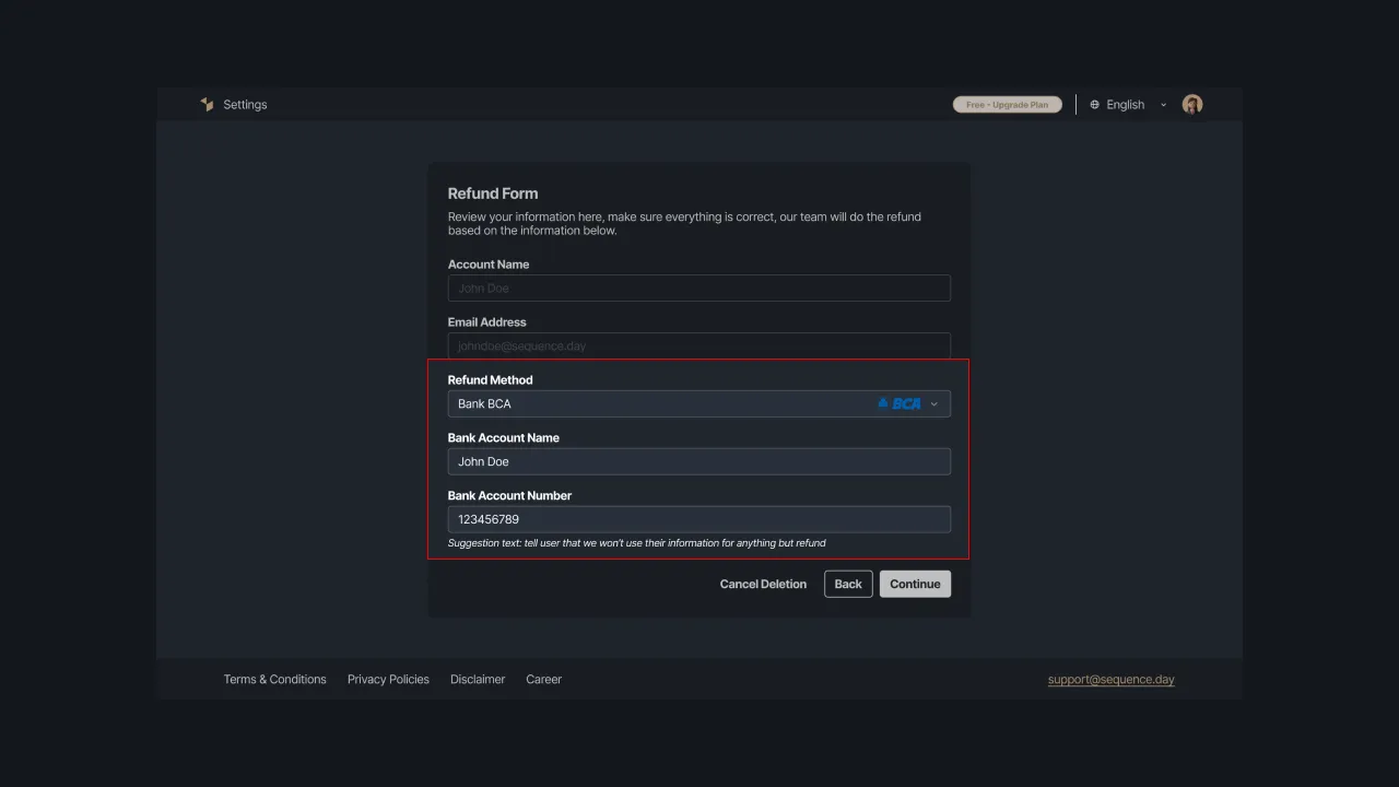 Figure 6 - Selecting the type of refund through the bank and filling out the form