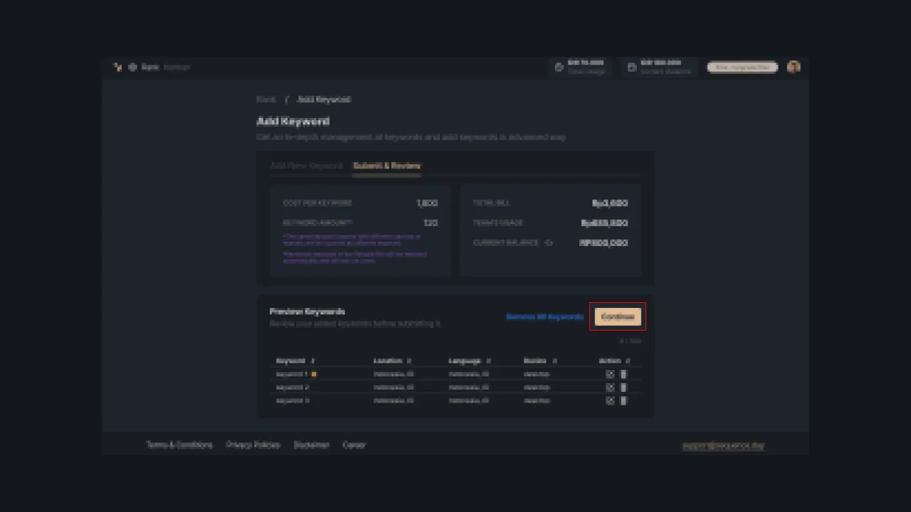 Gambar 14 - Halaman submit & review keyword yang ditambahkan