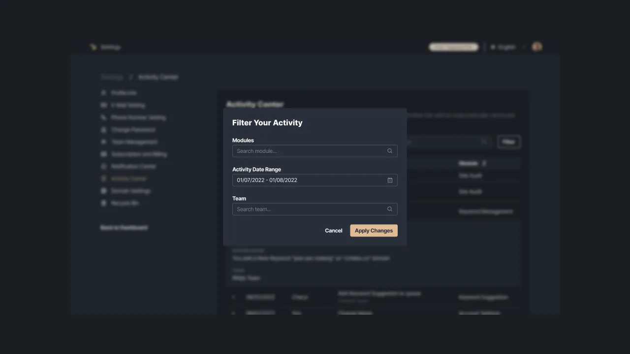 Figure 4: Activity filter setup