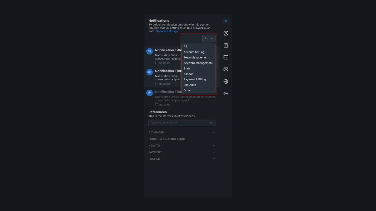 Figure 2: Filter categories in the Quick Notifications view