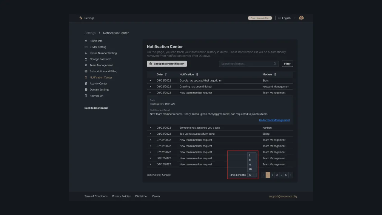 Figure 6: Setting the number of notification lines per page.