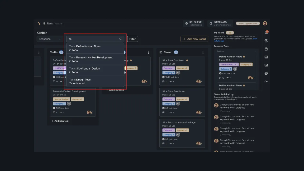 Figure 2 - Task search field on the kanban system