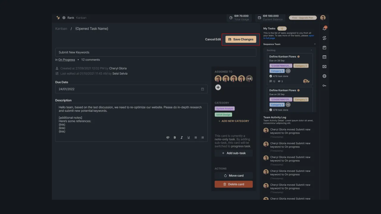Figure 19 - Display button for saving changes to task details