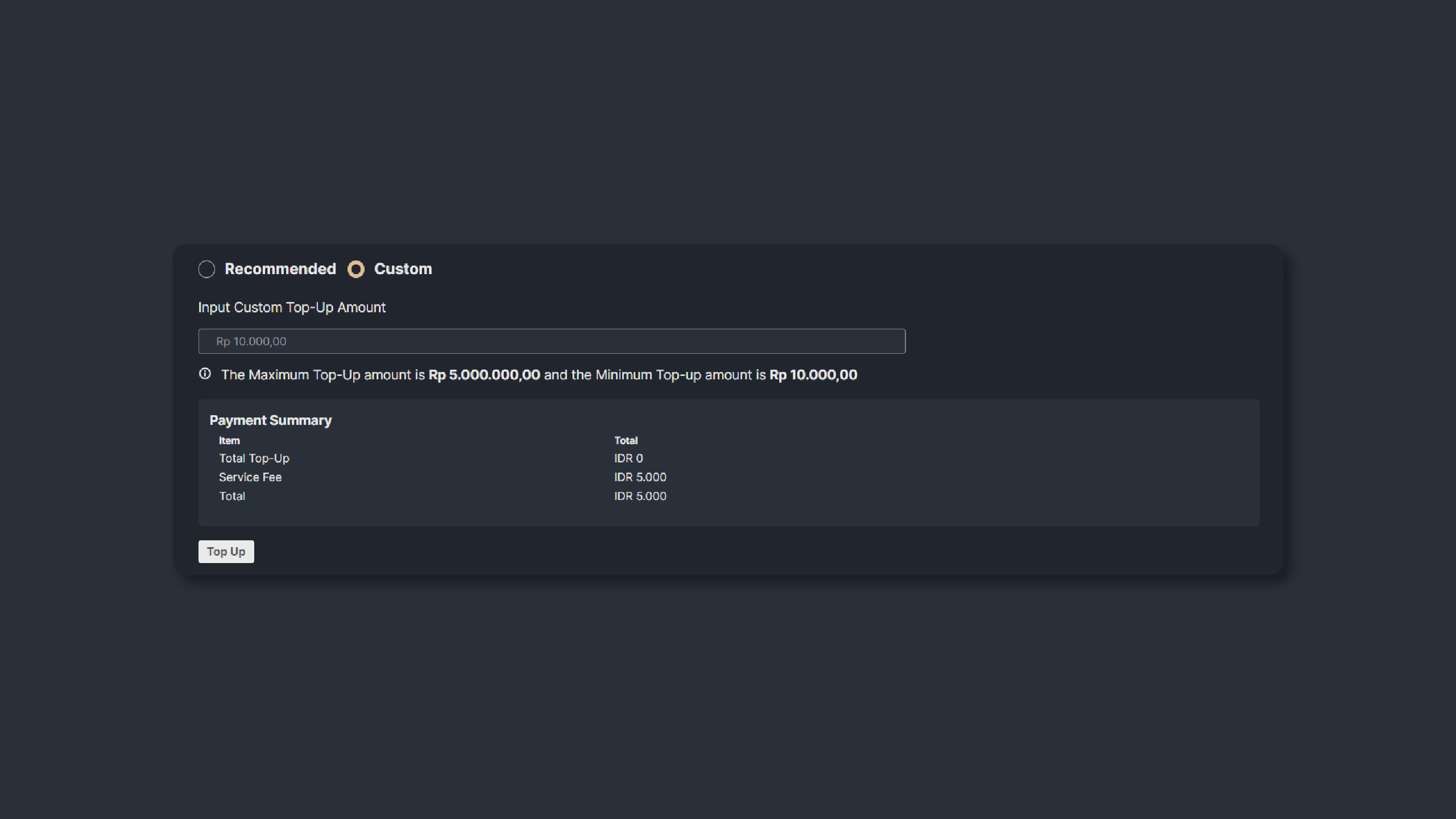 Figure 2: Input the custom top-up amount