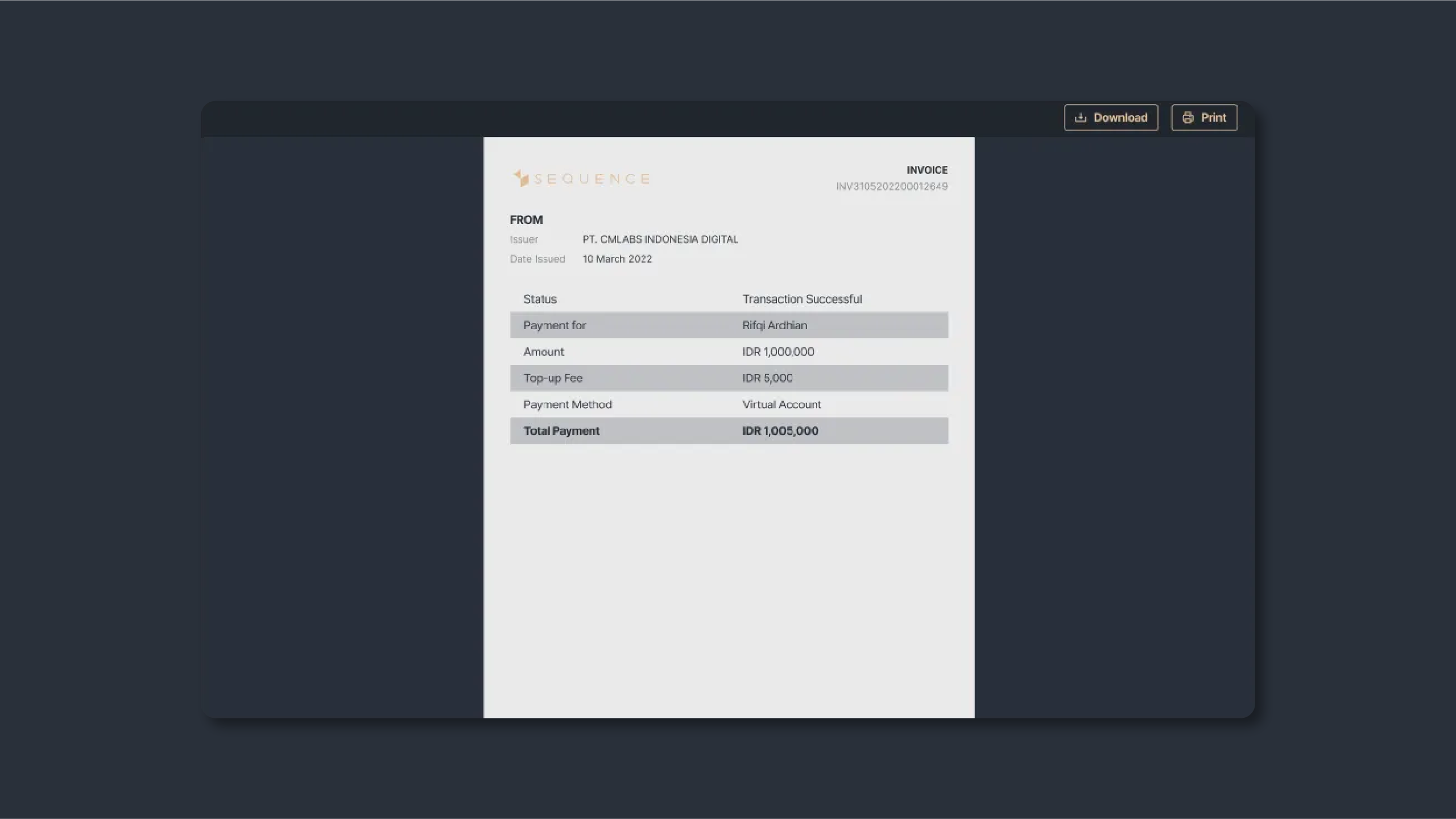 Figure 11: Example of a top-up invoice view