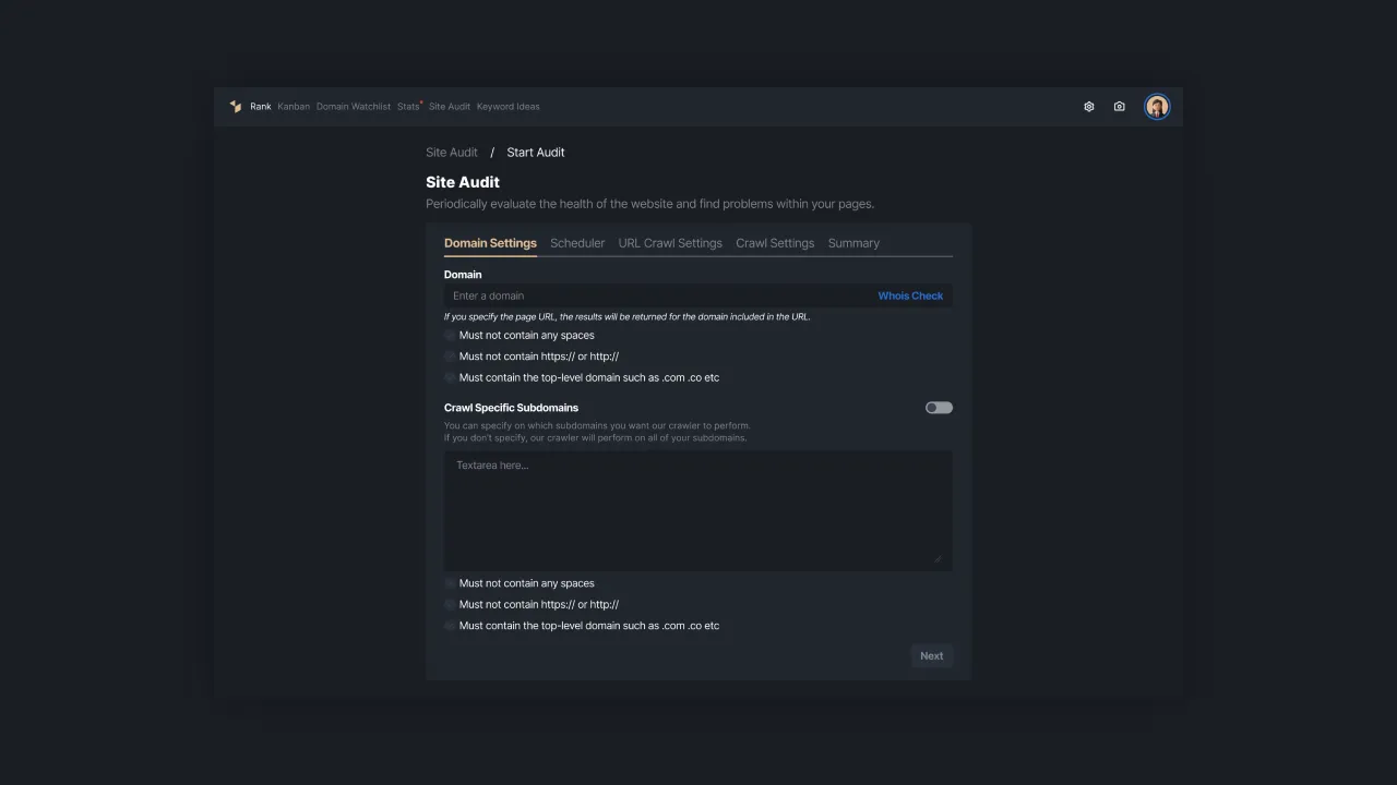 Picture 3 - Set up the domain in a site audit.