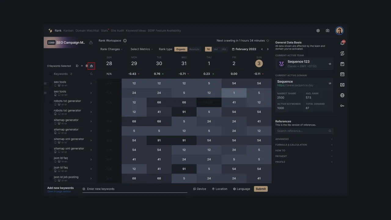 Figure 14 - Keyword export button on the rank dashboard.