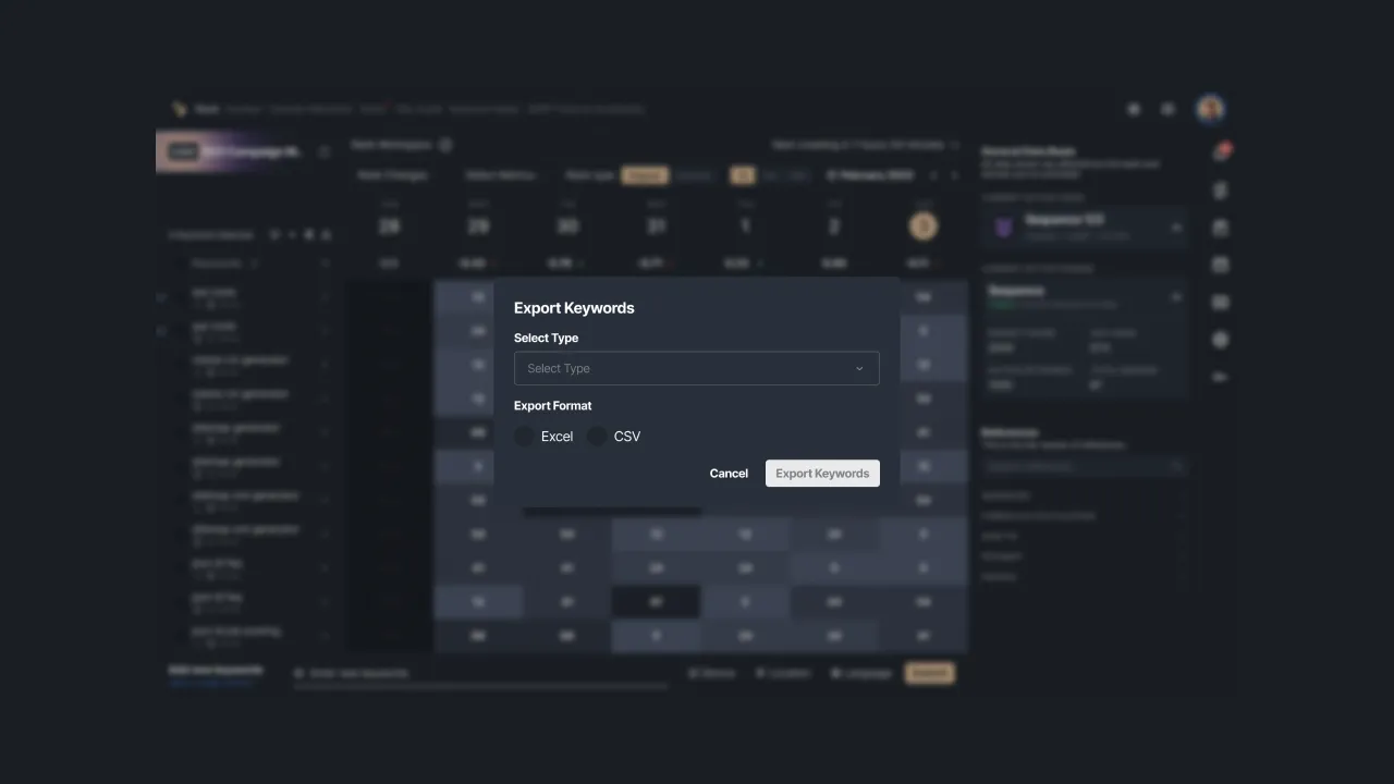 Figure 15 - Set up keyword export via the rank dashboard.