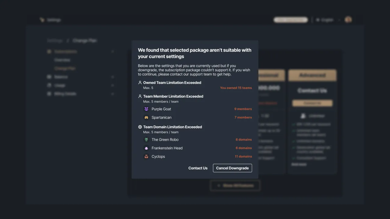 Figure 7: Warning message that the selected subscription plan does not match the current account needs