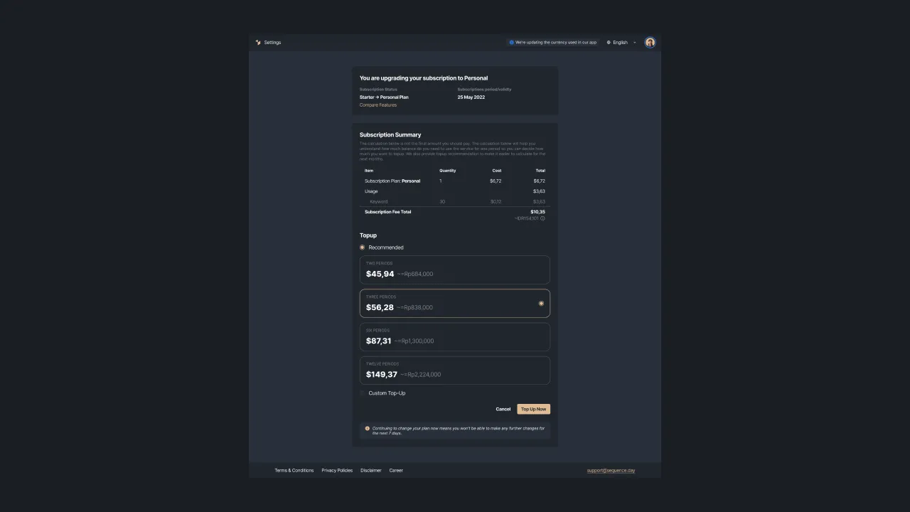 Figure 3: Change summary to change subscription plans