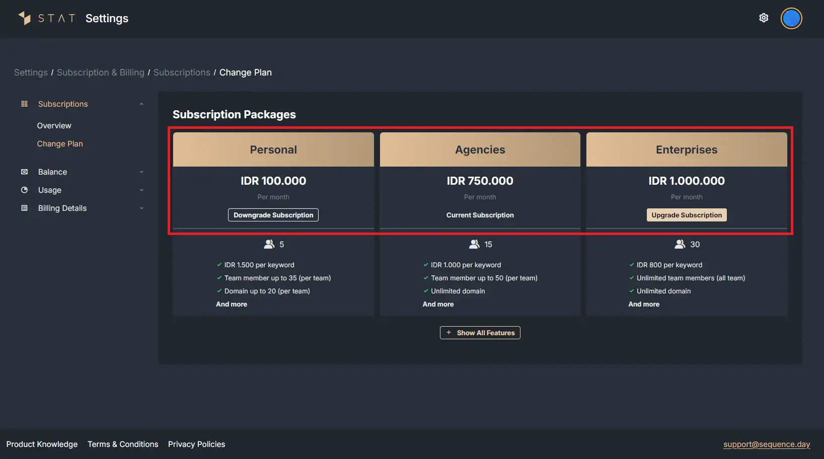 Figure 2: List of subscription plan types