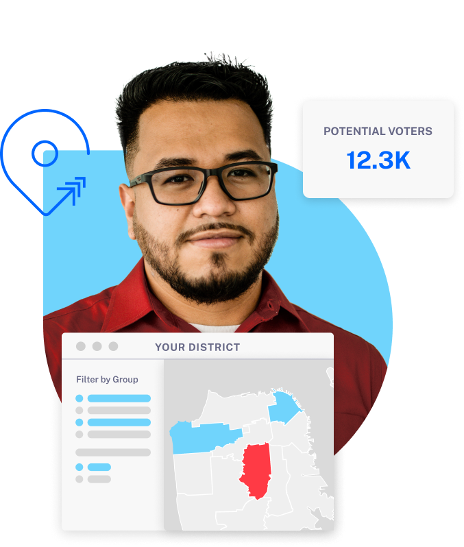 A headshot of a man with a graphic map that says: "Your district" and "Potential voters 12.3 K"