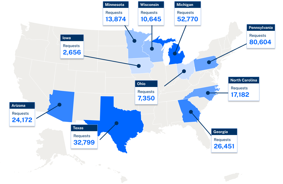 A map of the United States with labels for requests by each state