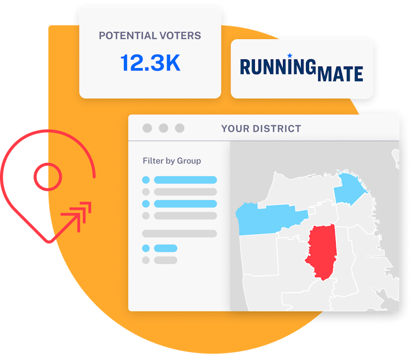 Graphic of map with label that says: Your district. Running Mate logo. Potential Voters: 12.3 K