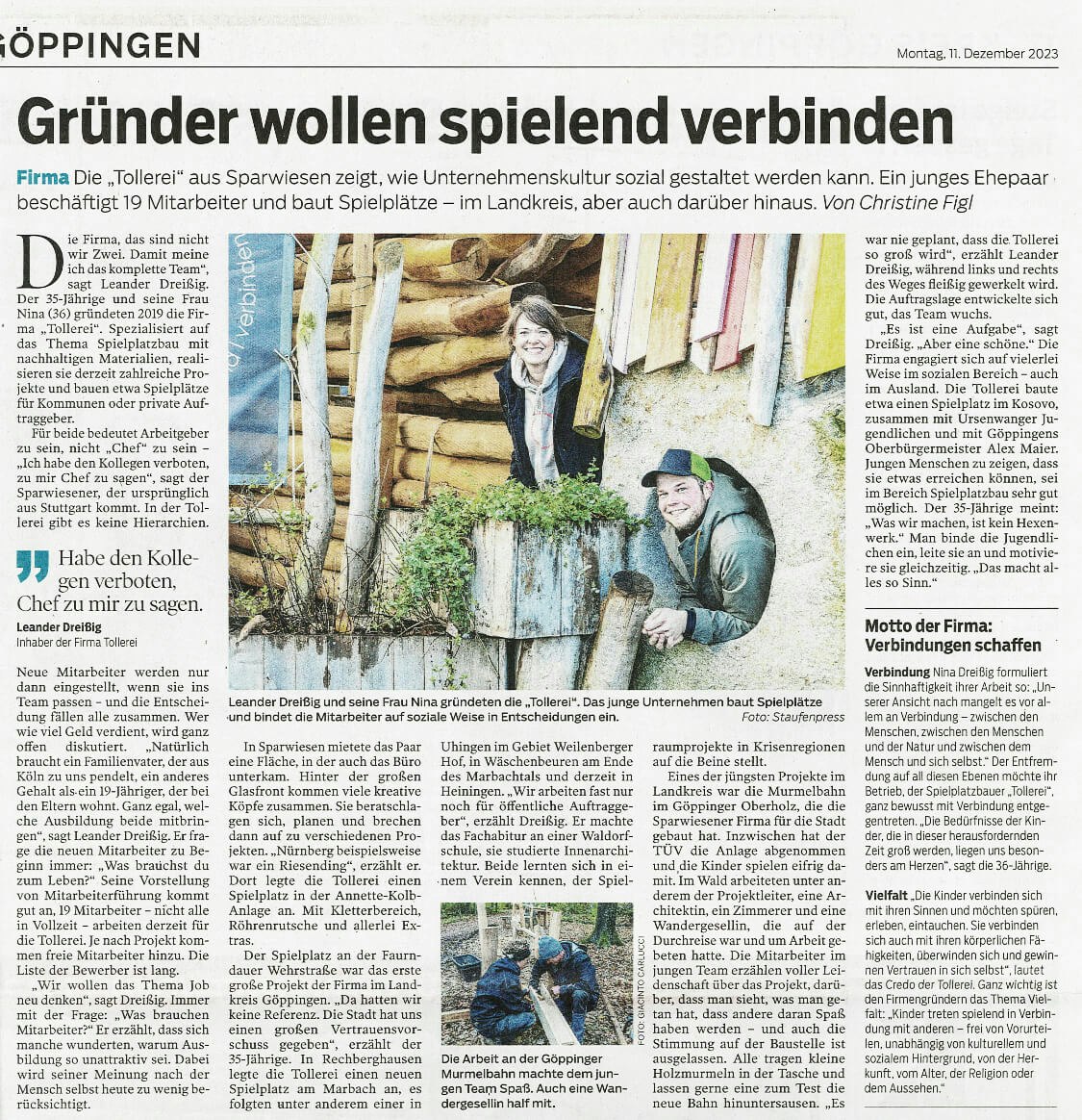 tollerei Zeitungsartikel Gründer wollen spielend verbinden in der Neuen Württembergischen Zeitung
