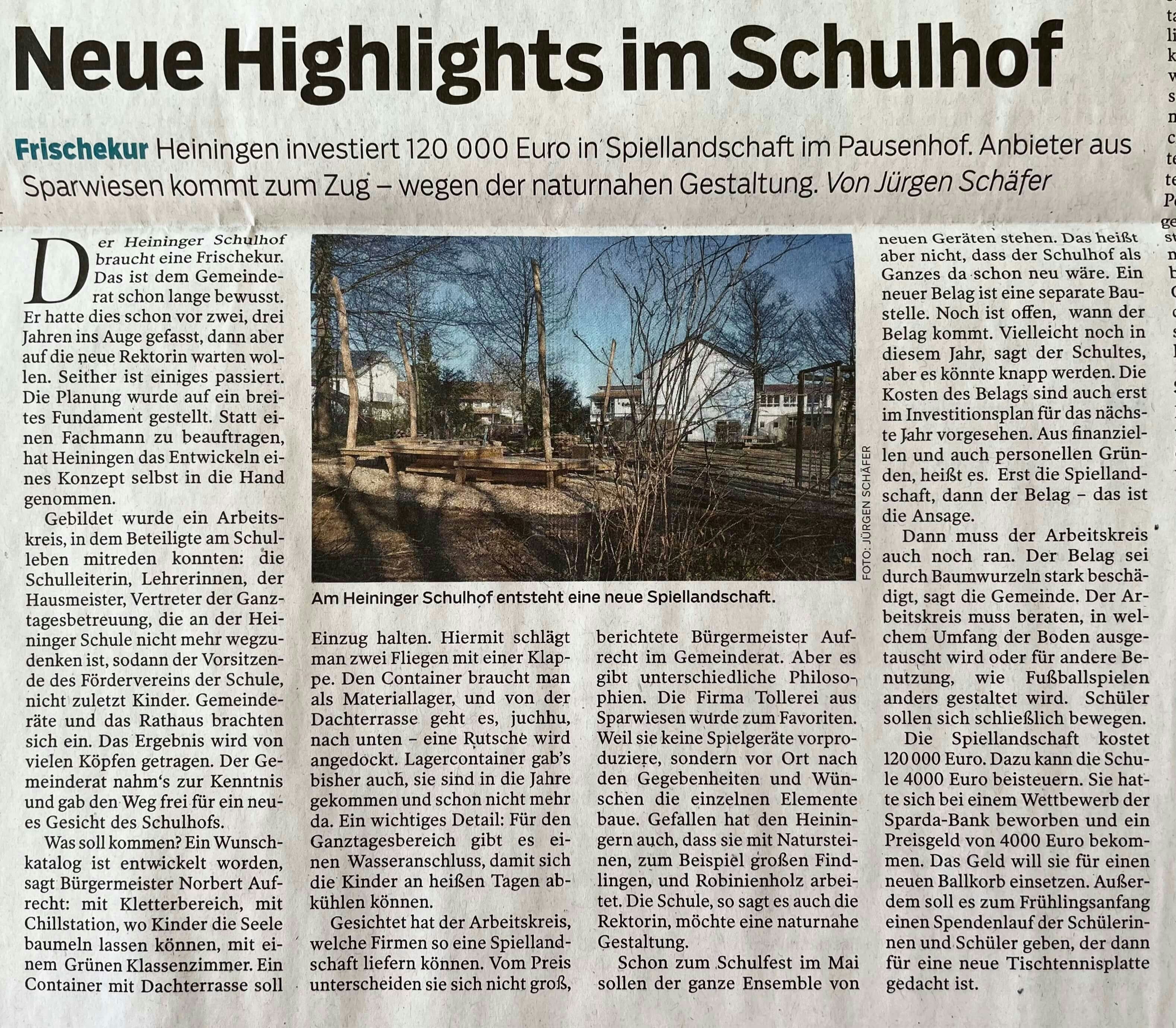 tollerei Zeitungsartikel Neue Highlights im Schulhof in der Neuen Württembergischen Zeitung