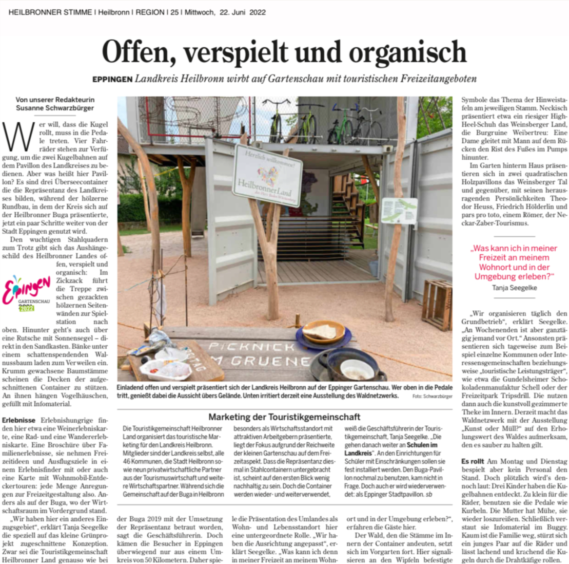 tollerei Zeitungsartikel Offen, verspielt und organisch vom 22 Juli 2022 in der Heilbronner Stimme