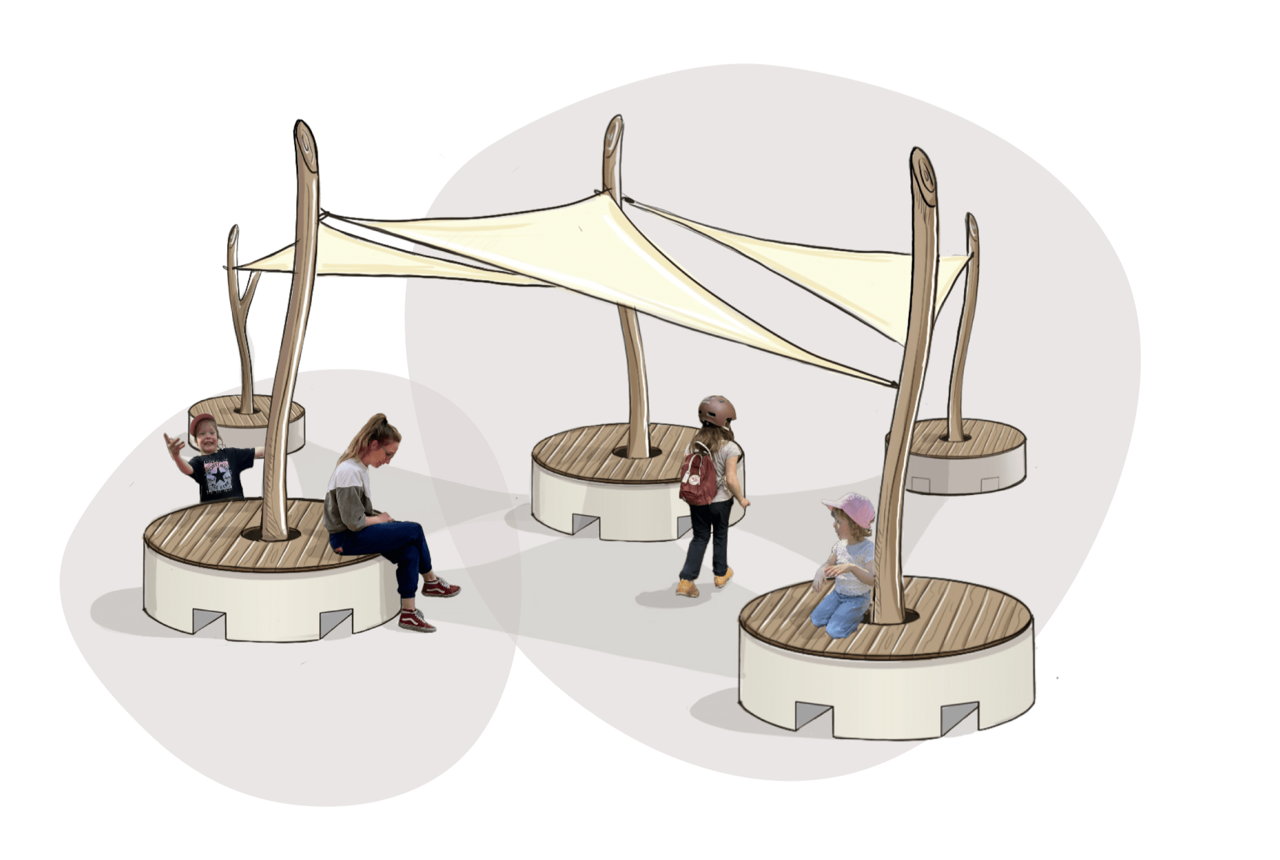 Pop-Up-Segel der tollerei mit 5 Sitzpodesten und 3 Sonnensegeln
