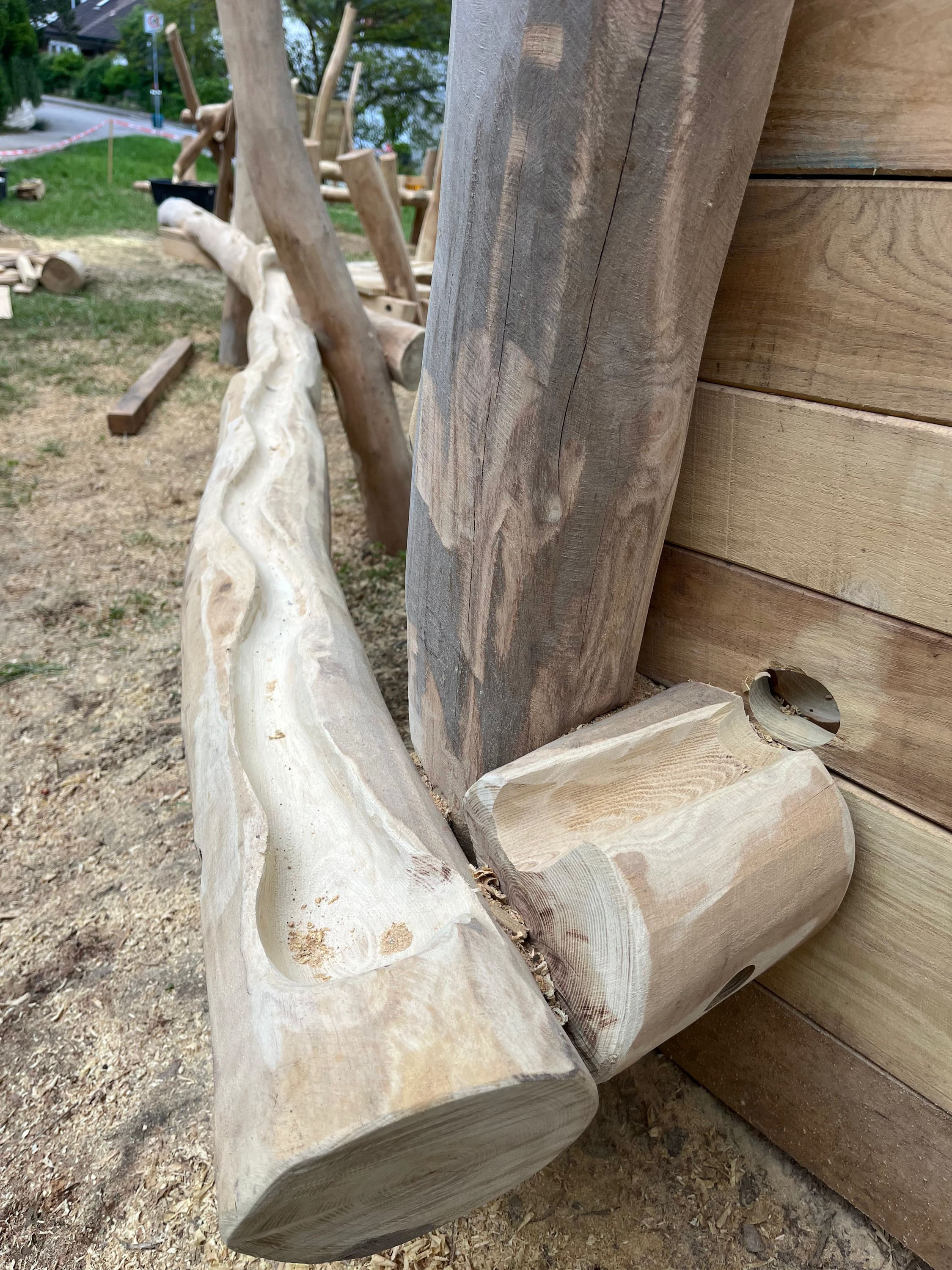 Langer, geschnitzter Holzbalken, der an einer Holzkonstruktion befestigt ist, mit unebenem Boden und anderen Baumstämmen im Hintergrund.