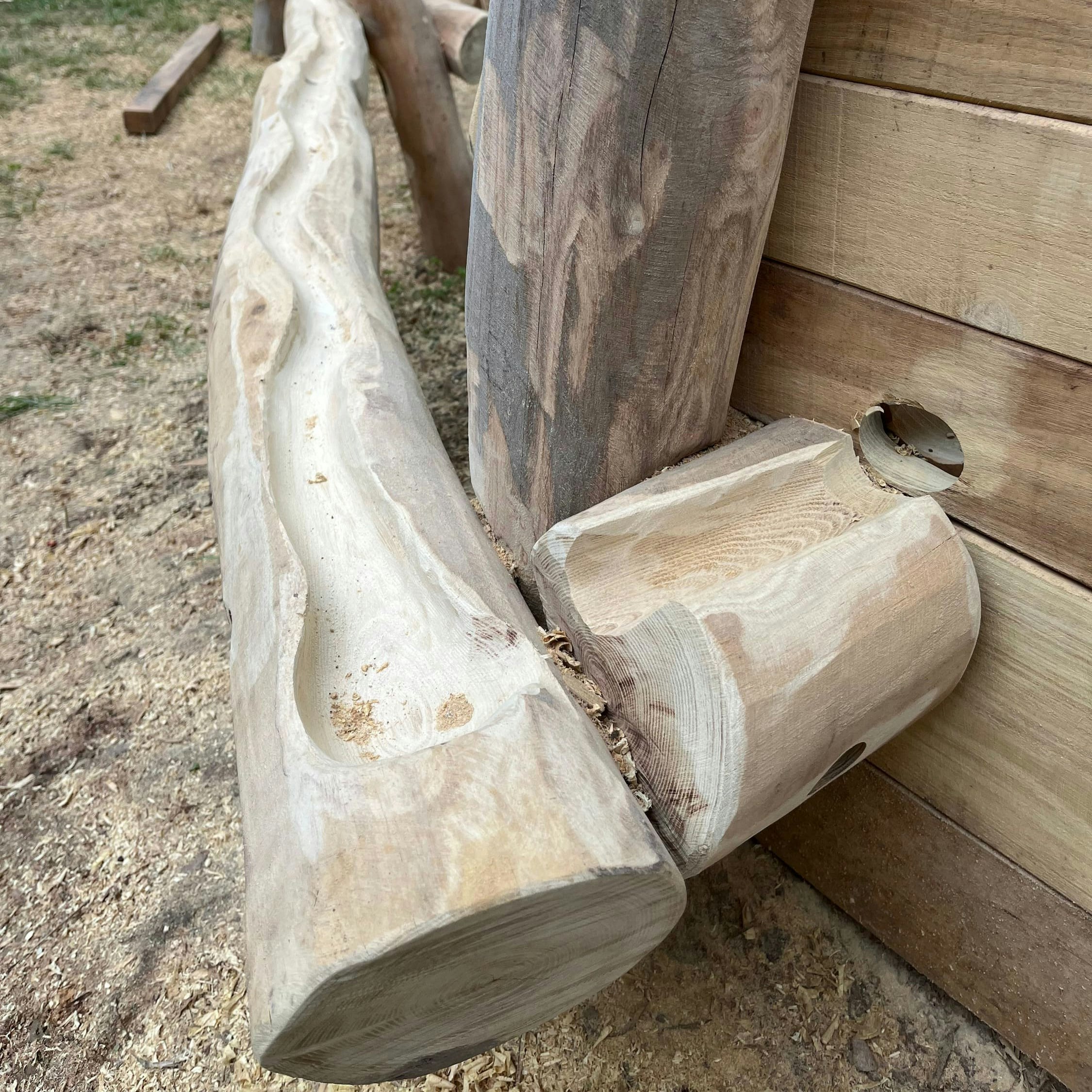 Langer, geschnitzter Holzbalken, der an einer Holzkonstruktion befestigt ist, mit unebenem Boden und anderen Baumstämmen im Hintergrund.