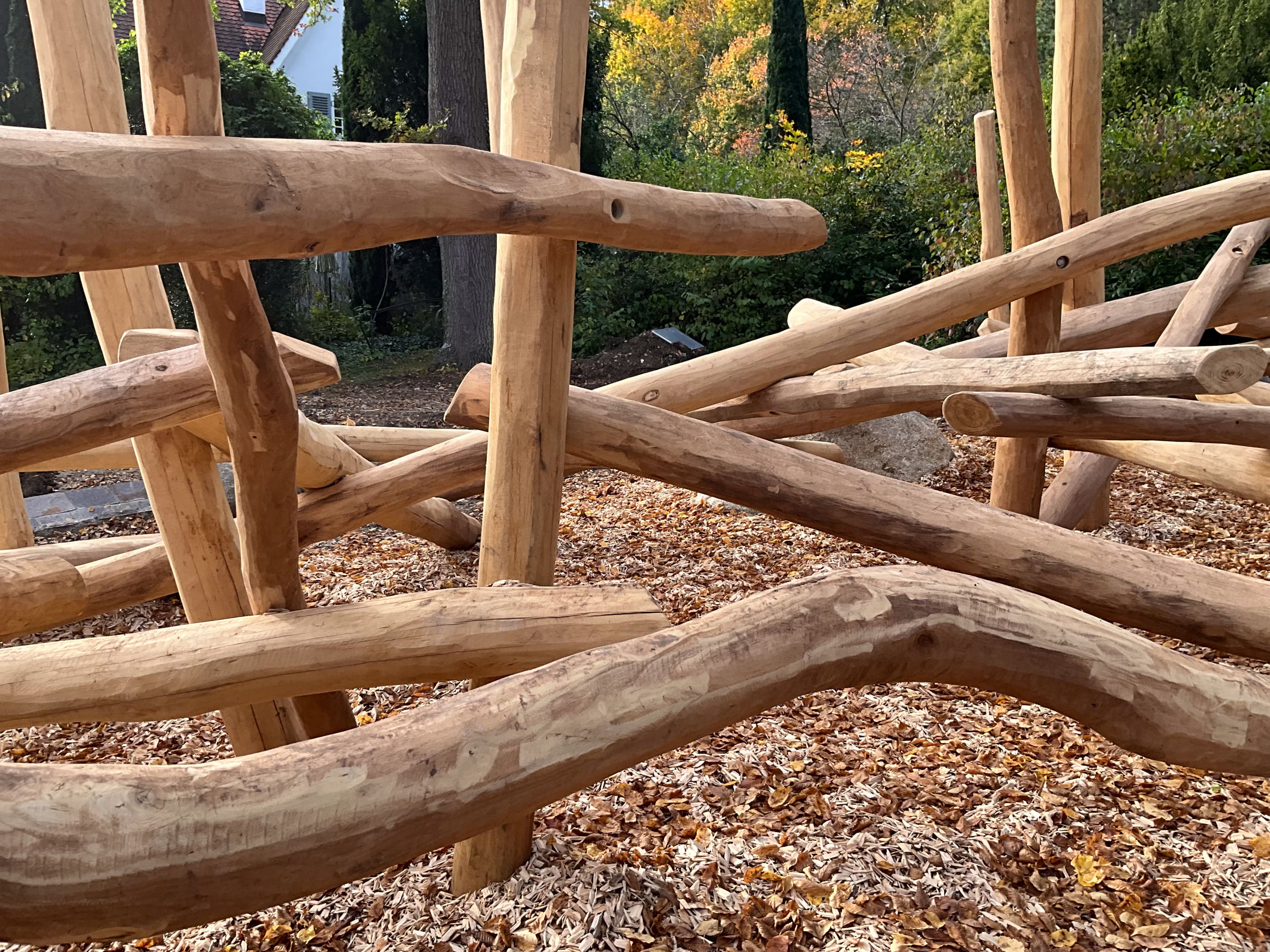 Natürliche Holzkonstruktion mit überlappenden Baumstämmen, umgeben von herbstlichen Blättern, in einem bewaldeten Außenbereich.