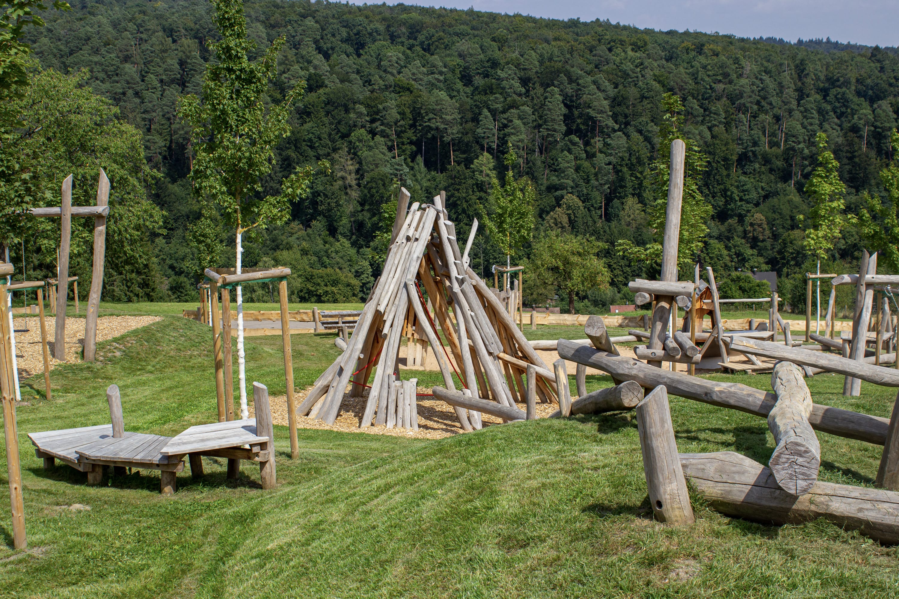 Ein natürlicher Spielplatz mit hölzernen Klettergerüsten und Bänken auf grasbewachsenem Gelände, mit einem Wald im Hintergrund.