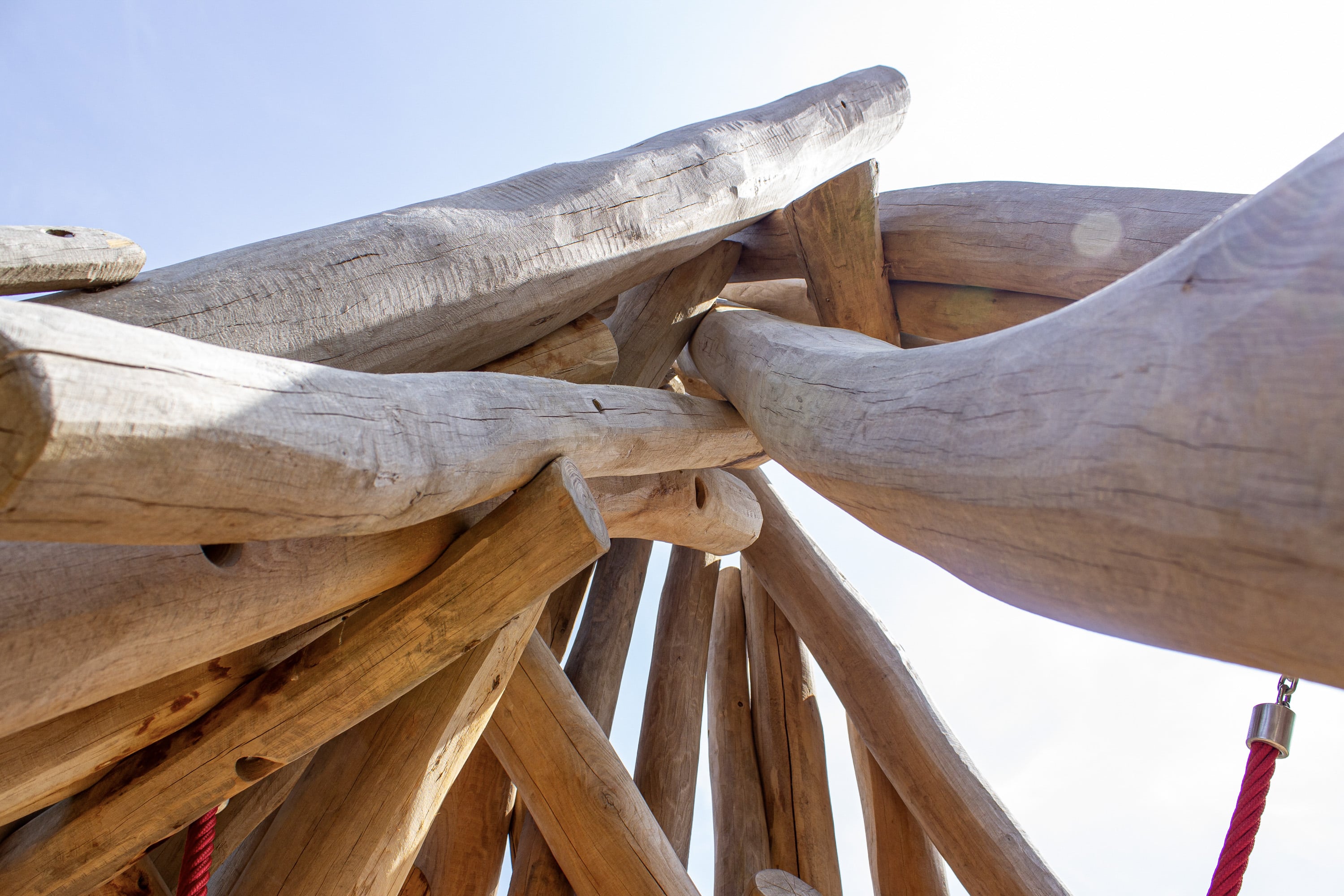 Nahaufnahme von großen, sich überlappenden Holzstämmen, die vor einem hellen, teilweise bewölkten Himmel eine Struktur bilden.